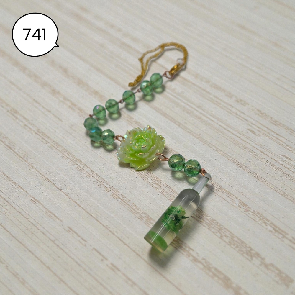 Green Rose Car Charm with Faceted Glass Beads & Mini Bottle Accent